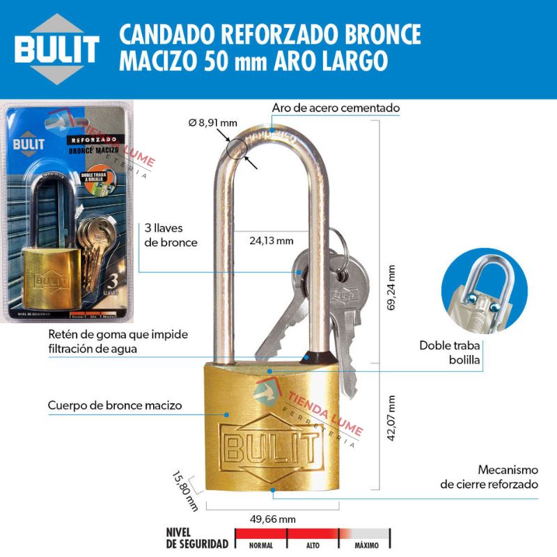 Candado 50MM Largo Reforzado Doble Traba - 3 Llaves